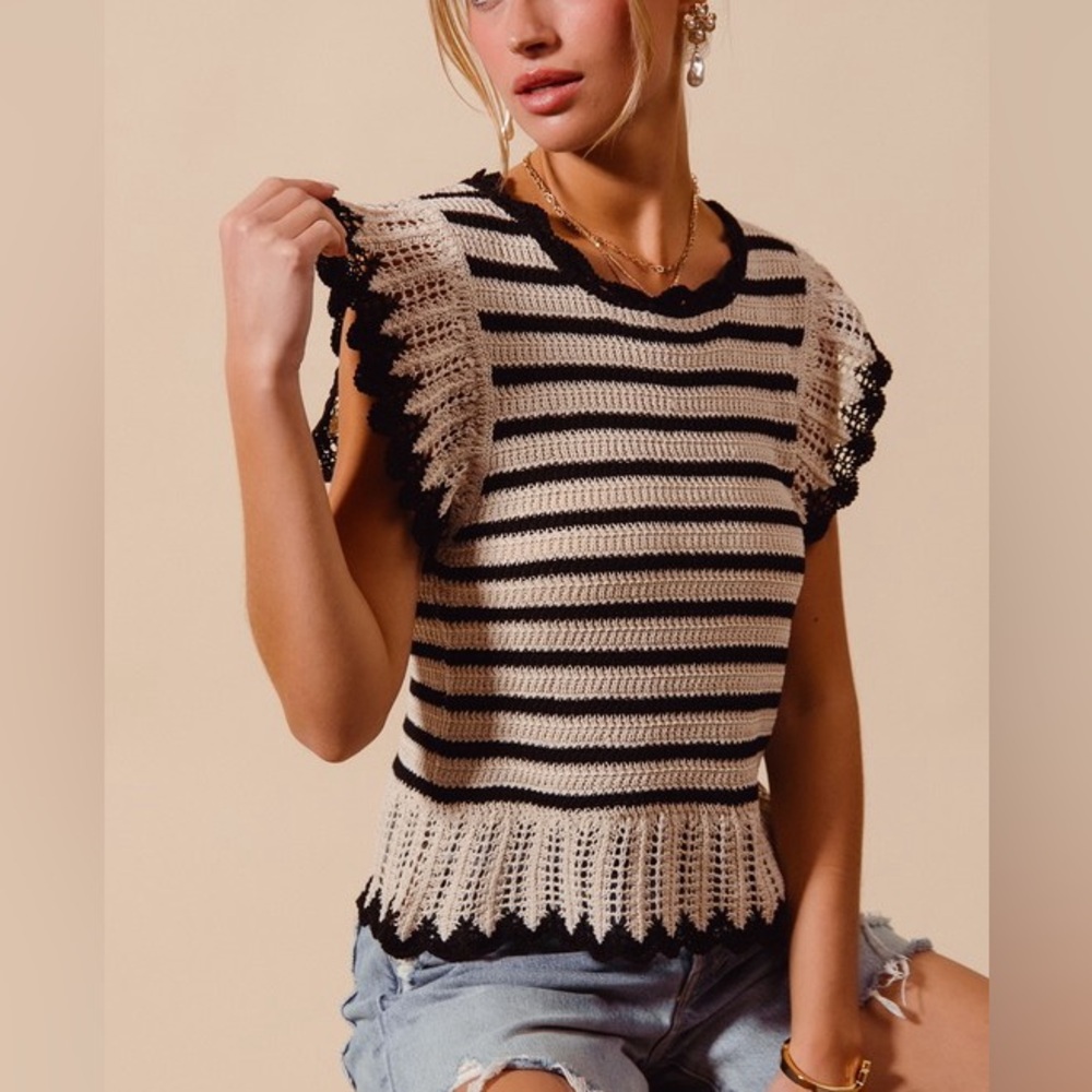 Beige black ribbed ruffle flutter lightweight knit boho bohemian stripe sweater